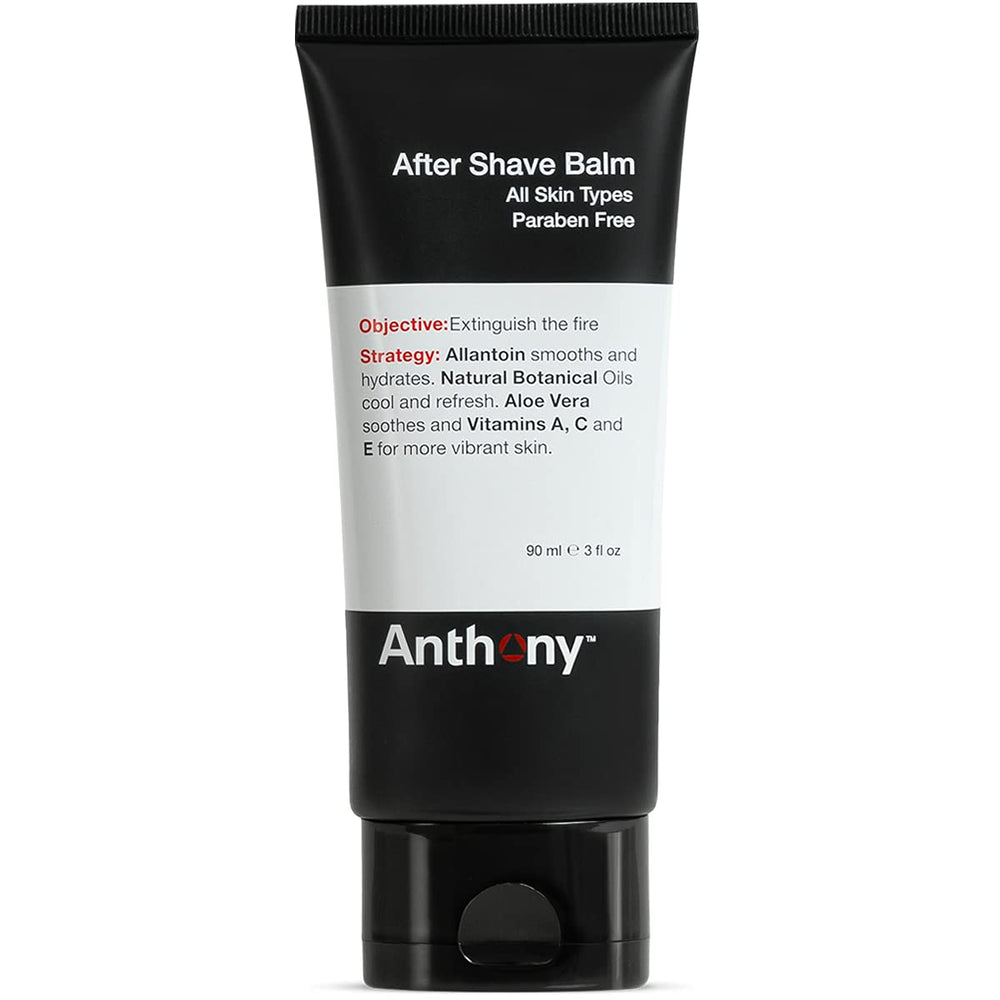 Anthony After Shave Balm bottle pour demonstrates cooling, non-greasy hydration after shaving.