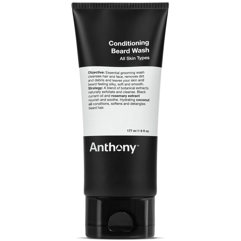 Anthony Conditioning Beard Wash bottle highlights a hydrating cream formula for a softer beard.