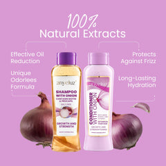 Anyeluz Onion Shampoo label closeup emphasizing salt- and parabens-free formula