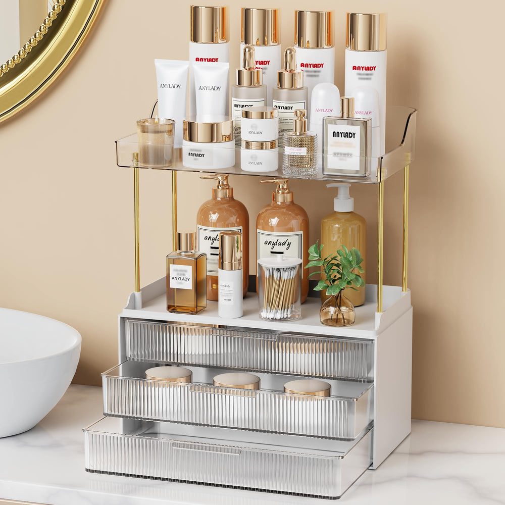Anylady bathroom organizer overview showing modular stackable design for versatile vanity storage.
