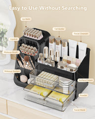 Anylady makeup organizer vanity dresser keeps brushes and palettes organized for quick makeup sessions.