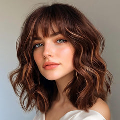 Aokiya Bob Wavy Wig front view with natural curls and reddish caramel shade for everyday style.
