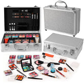AOLIKOKO makeup kit train case in silver keeps cosmetics organized for on-the-go touch-ups.