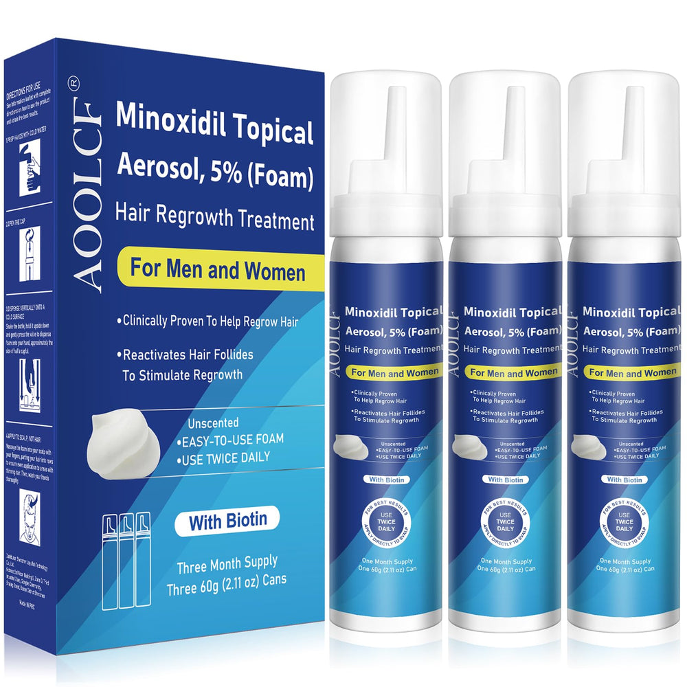 AOOLCF 5% Minoxidil Foam bottle ready for scalp application promoting thicker hair.