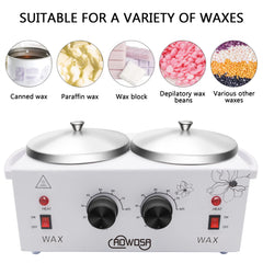 AOWOSA dual-pot wax heater side view showing independent temperature controls for each pot