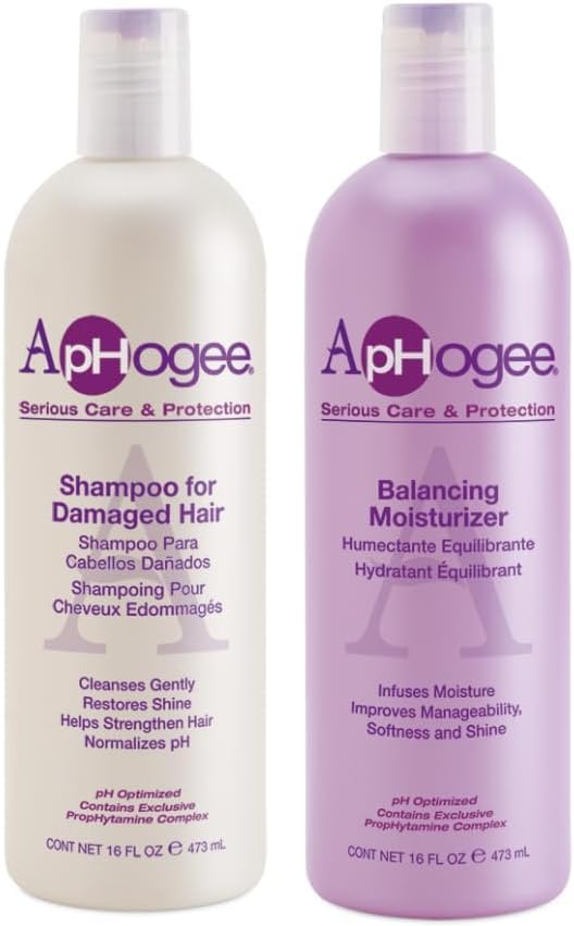 ApHogee damaged hair shampoo and balancing moisturizer set for shine and pliability.