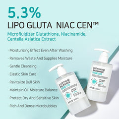 APLB Glutathione Niacinamide Body Wash featuring hyaluronic acid and beta glucan for lasting moisture.