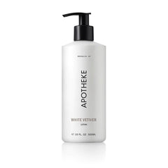 APOTHEKE White Vetiver bottle front with elegant packaging for daily nourishment and subtle fragrance