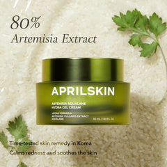 APRILSKIN Artemisia Squalane Hydra Gel Cream no-fragrance bottle close-up communicates fragrance-free comfort.