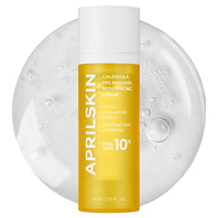 APRILSKIN Calendula10% PHA+AHA serum bottle showcases vegan, exfoliating formula for smoother skin.