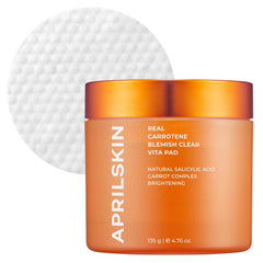 APRILSKIN Carrotene Aclaradoras, empaque frontal, exfoliantes suaves para piel grasa.
