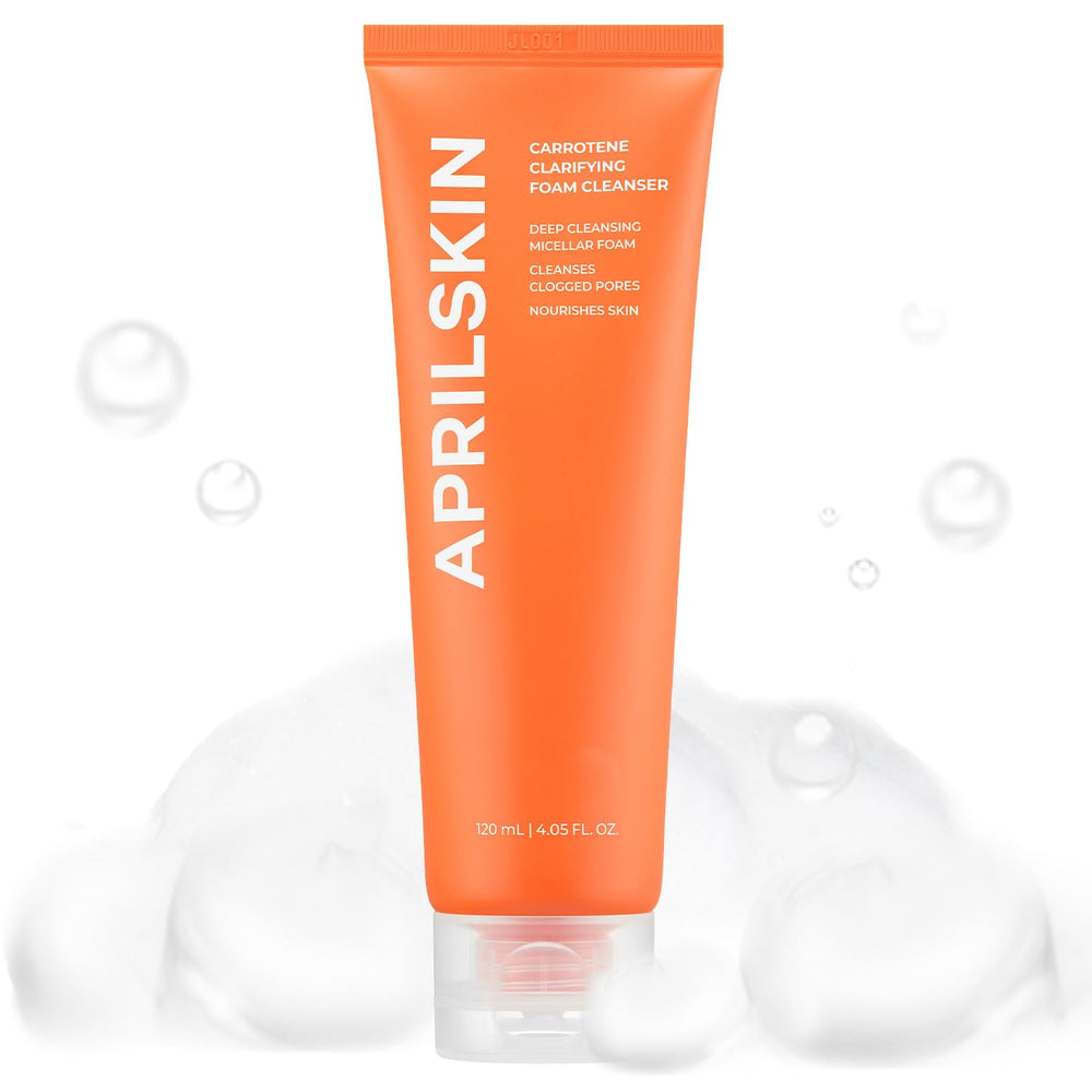 APRILSKIN Carrotene Clarifying Foam Cleanser bottle highlights gentle vegan cleansing for oily, sensitive skin.