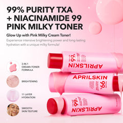 APRILSKIN TXA+Niacinamide 99 Pink Milky Toner bottle back-label with ingredients and usage