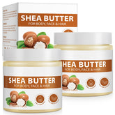 APUUFYQC Shea Butter Raw Organic 2-Pack packaging demonstrates natural hydration for dry skin.