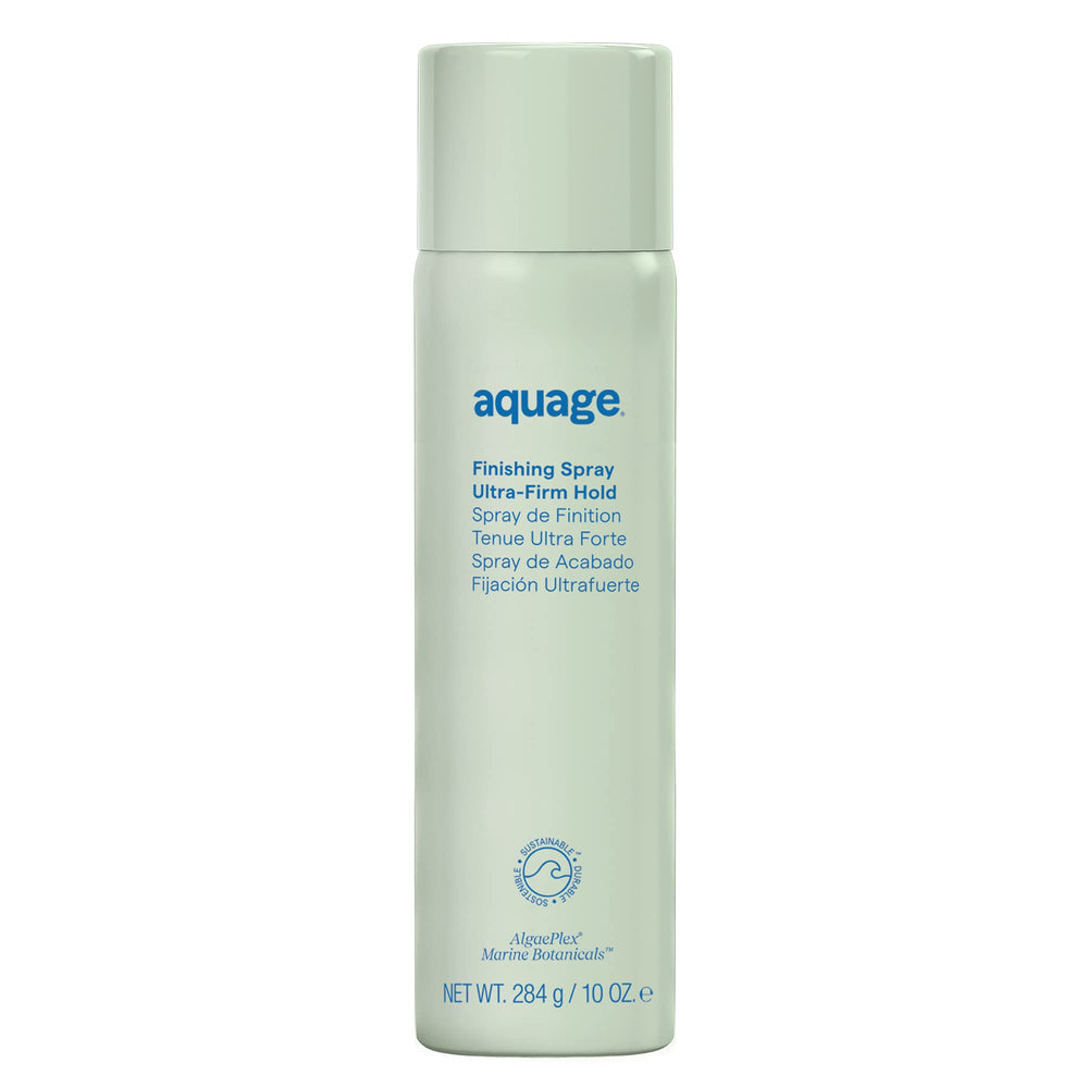 Aquage finishing spray bottle closeup highlights ultra-fine mist for even application