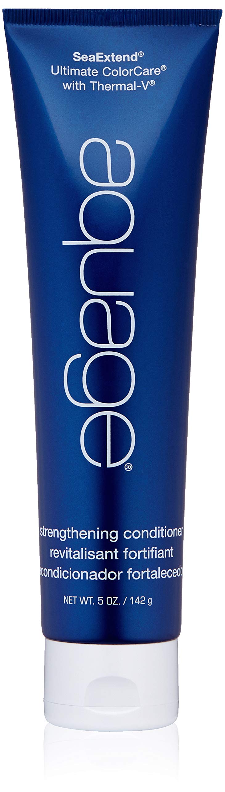 Aquage SeaExtend Strengthening Conditioner bottle on display highlights color-safe, heat-protective care.