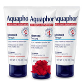 Aquaphor Advanced Therapy Healing Ointment tube on bathroom shelf provides dry skin protection.
