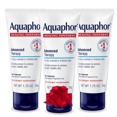 Aquaphor Advanced Therapy Healing Ointment tube on bathroom shelf provides dry skin protection.