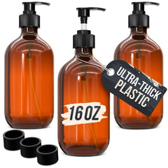 Aquue amber dispenser set 3 with 16oz bottles on a bathroom shelf for easy refills.