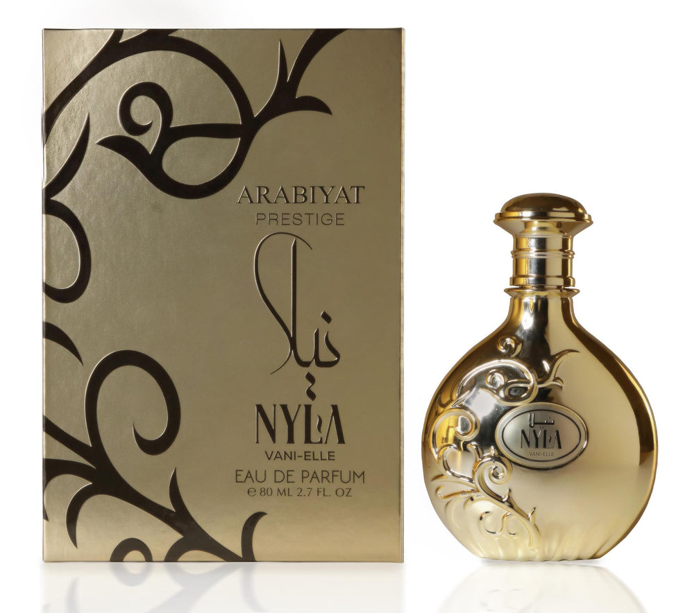 ARABIYAT PRESTIGE Nyla Vani-Elle bottle-front shows luxurious design and versatile daily fragrance use.