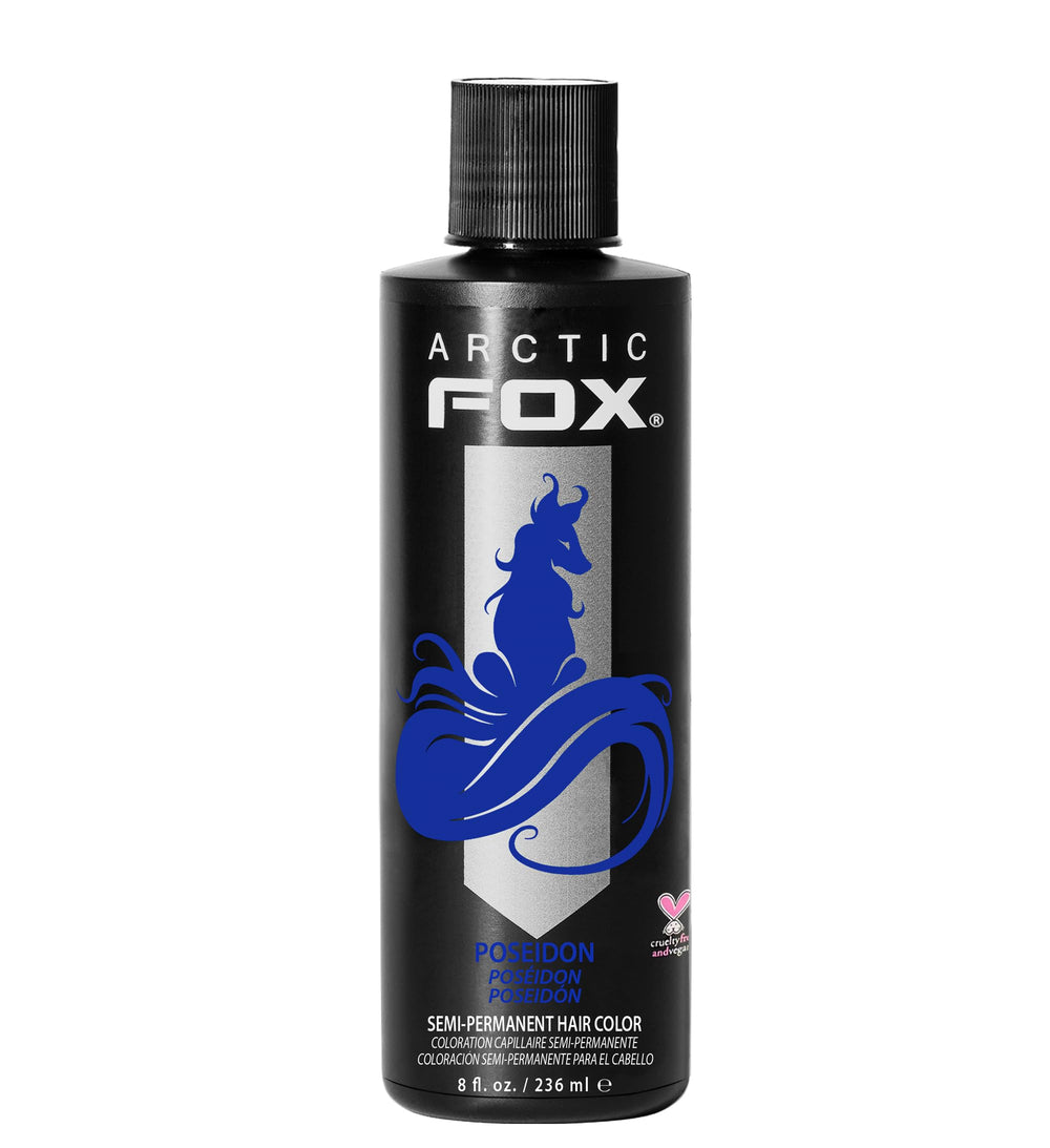 Arctic Fox Poseidon dye bottle shows vibrant blue with vegan formula.
