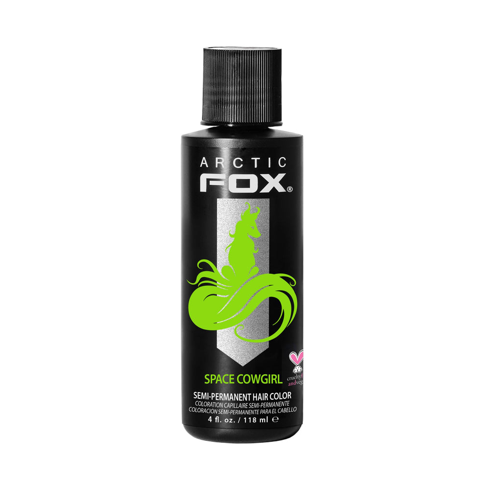 ARCTIC FOX Space Cowgirl electric green dye bottle for bold color exploration.