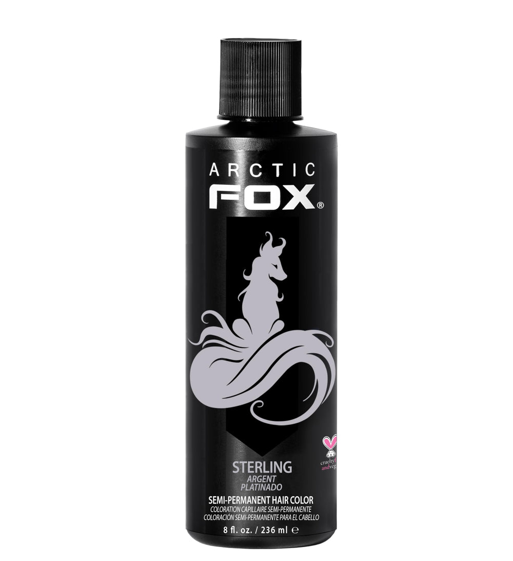 ARCTIC FOX Sterling dye bottle front shows pastel silver look with vegan formula