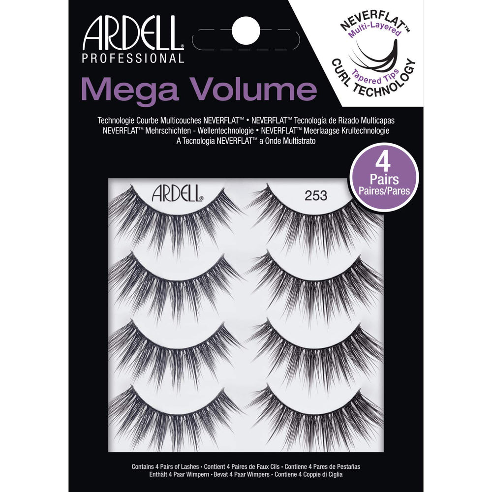Ardell Mega Volume 253 lashes with a clear band delivering dramatic flutter for day-to-night glam