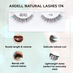 Ardell Natural 174 lashes show a soft flared outer edge for natural lift.