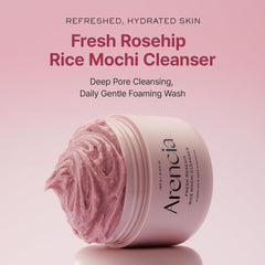 ARENCIA Fresh Rosehip Rice Mochi Cleanser jar closeup shows gentle exfoliation and smooth texture.