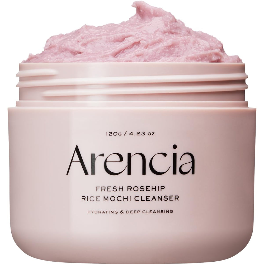 ARENCIA Fresh Rosehip Rice Mochi Cleanser packaging highlights premium formulation for sensitive skin.