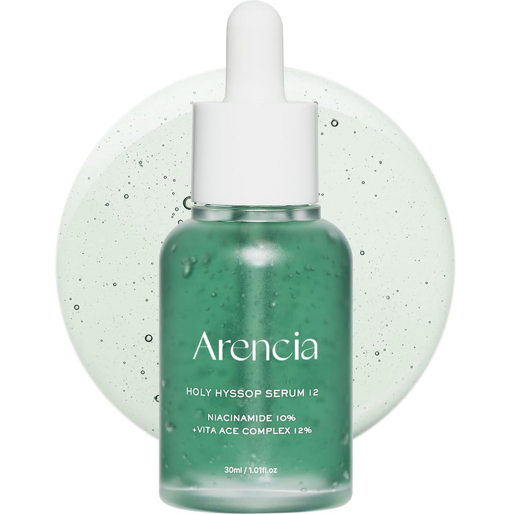 ARENCIA Hyssop Glow Serum bottle shows hydrating formula for radiant skin