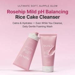 ARENCIA Rosehip Rice Cake Cleanser texture closeup shows cushiony, rice cake-inspired cleansing