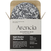 ARENCIA Night Shadow shampoo bar packaging highlights sustainable, plastic-free beauty.