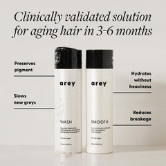 Arey Shower Duo shampoo bottle closeup showing cleansing action