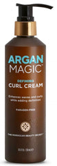 Argan Magic Defining Curl Cream bottle view highlights lightweight hydration for defined curls