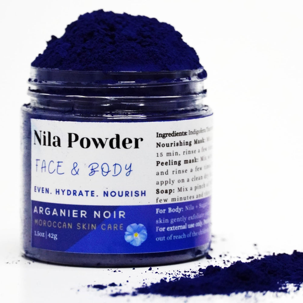 Arganier Noir Blue Nila powder packaging highlights premium Moroccan skincare ritual benefits