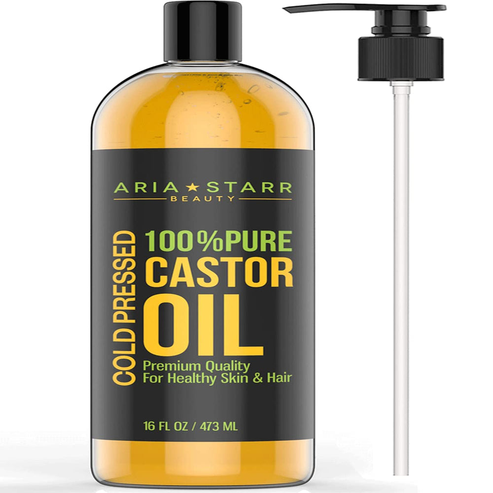 Aria Starr Castor Oil bottle with pump for easy, mess-free application.