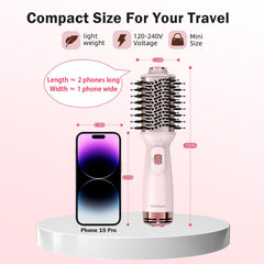 Ariellagou mini dual-voltage dryer brush side view highlights compact design for effortless one-handed use.