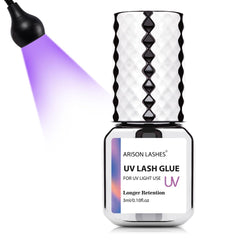 ARISON LASHES UV eyelash glue bottle close-up showing bond potential