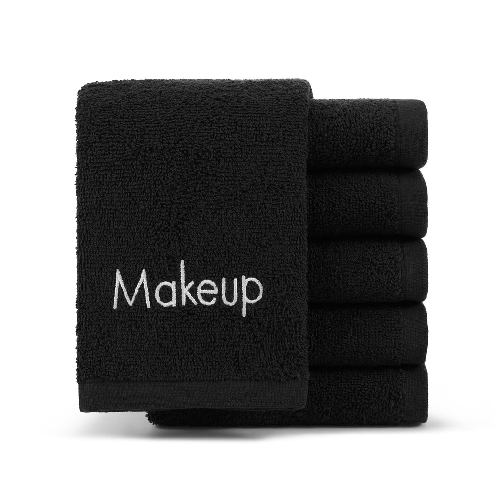 Arkwright Makeup Towels 6-pack, 13x13 black washcloths for gentle facial cleansing.