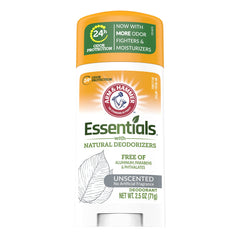 Arm & Hammer Essentials Unscented deodorant close-up showing natural deodorizers for odor neutralization.