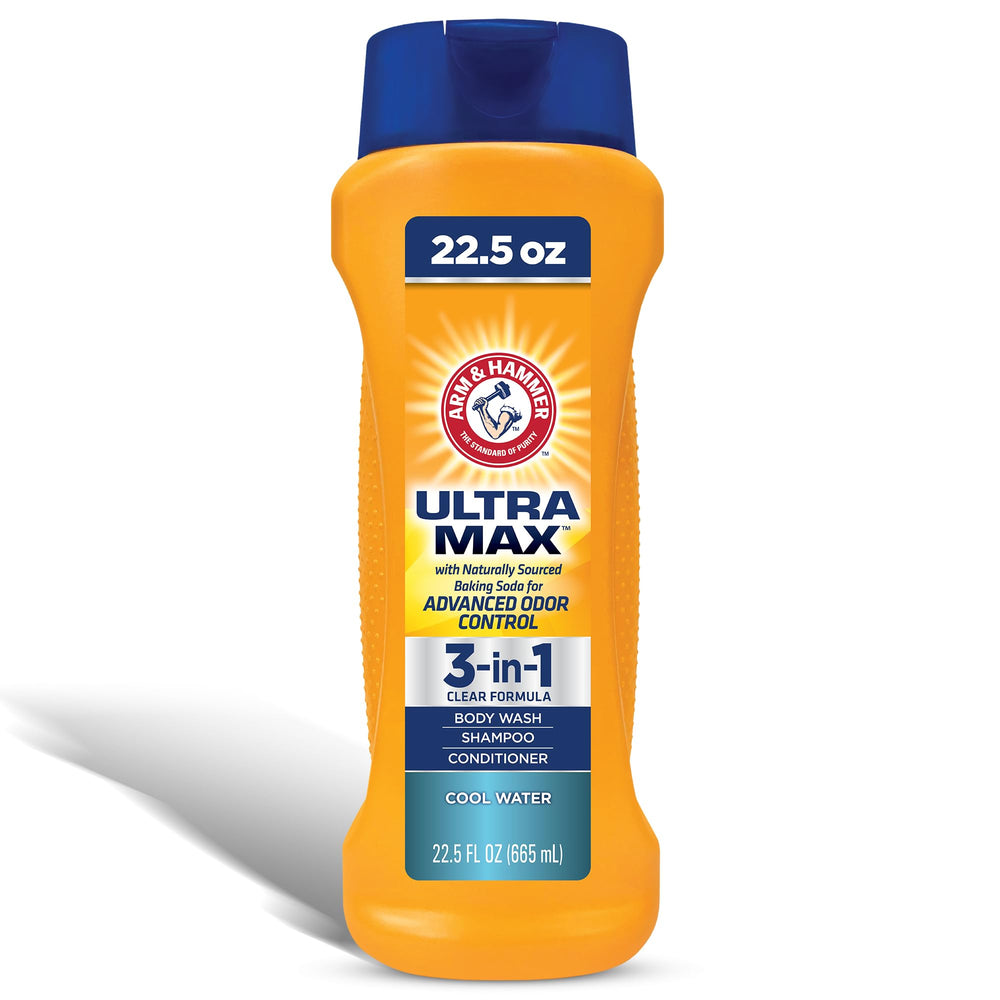 Arm & Hammer Essentials men's body wash bottle pouring for a refreshing cleanse.