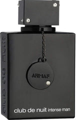 Armaf Club De Nuit Intense Man bottle front view, long-lasting woody-spicy fragrance for day and night.