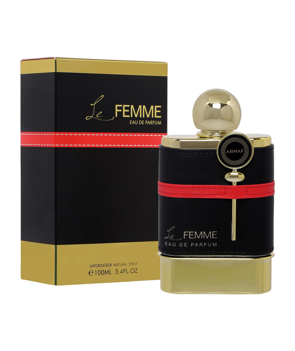 Armaf Le Femme bottle front view showcases elegant floral design for everyday sophistication.