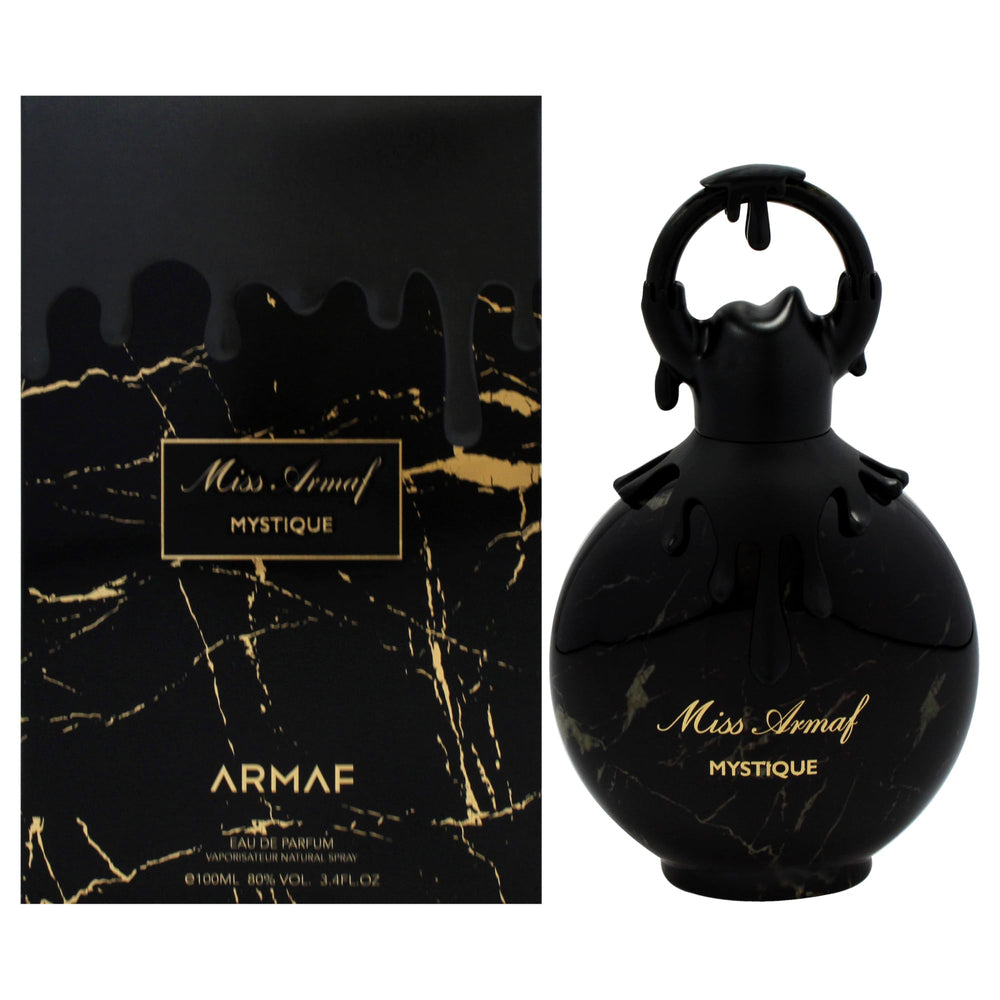 Armaf Miss Mystique bottle front showcases chic design for everyday elegance and intrigue.