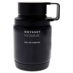 Armaf Odyssey Homme bottle back displays fragrance notes hinting at lingering warmth.