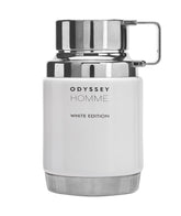Armaf Odyssey Homme White Edition bottle front reveals a crisp, fresh aura for daily wear.