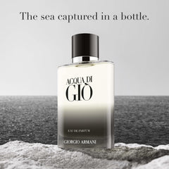 Armani Beauty Acqua di Giò bottle neck logo highlights heritage and elegant design.