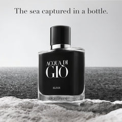 Armani Beauty Acqua di Gio Elixir spray on wrist demonstrates instant freshness and projection.
